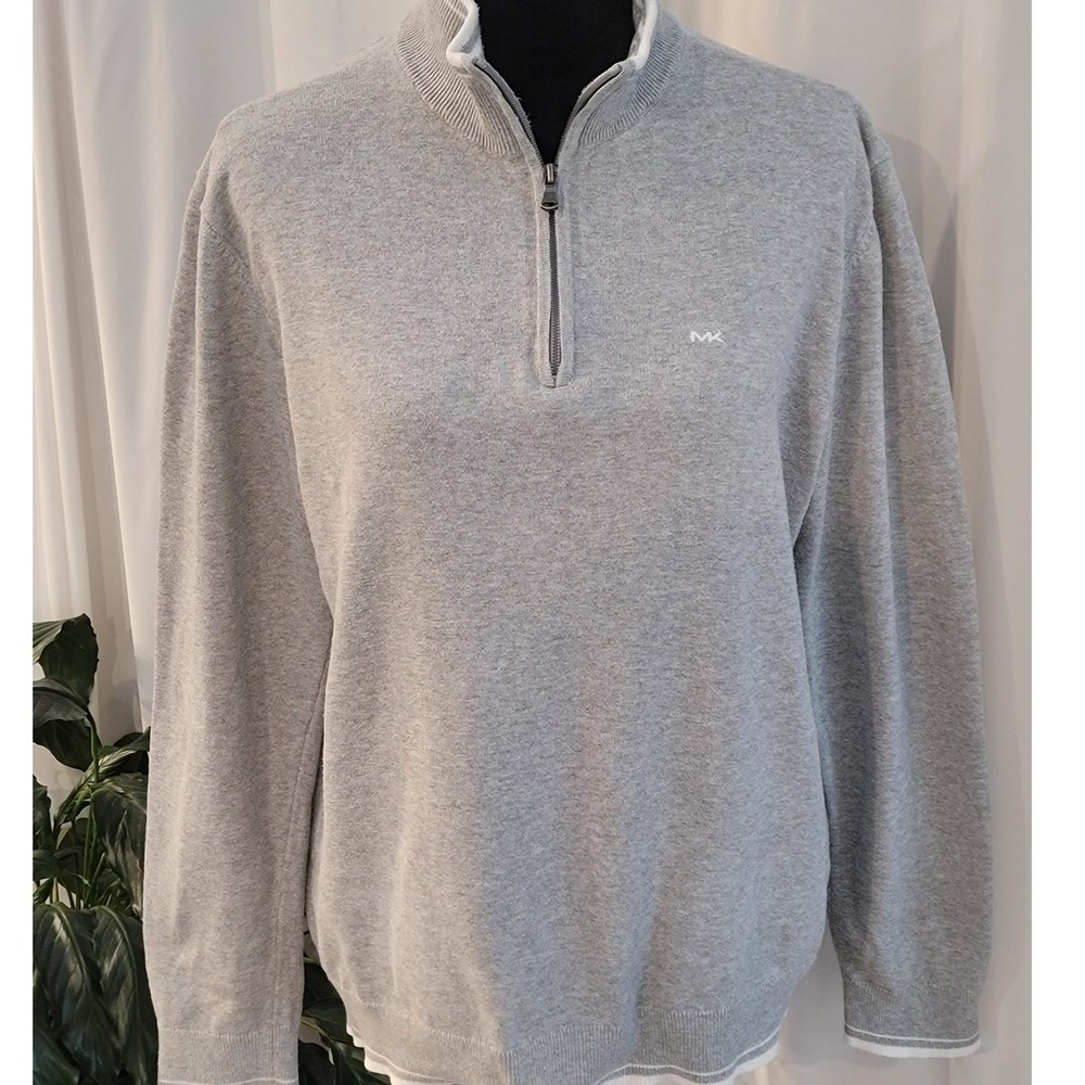 Michael Kors Mens Quarter Zip Sweater Gray Mock Neck Pullover Large MK Logo